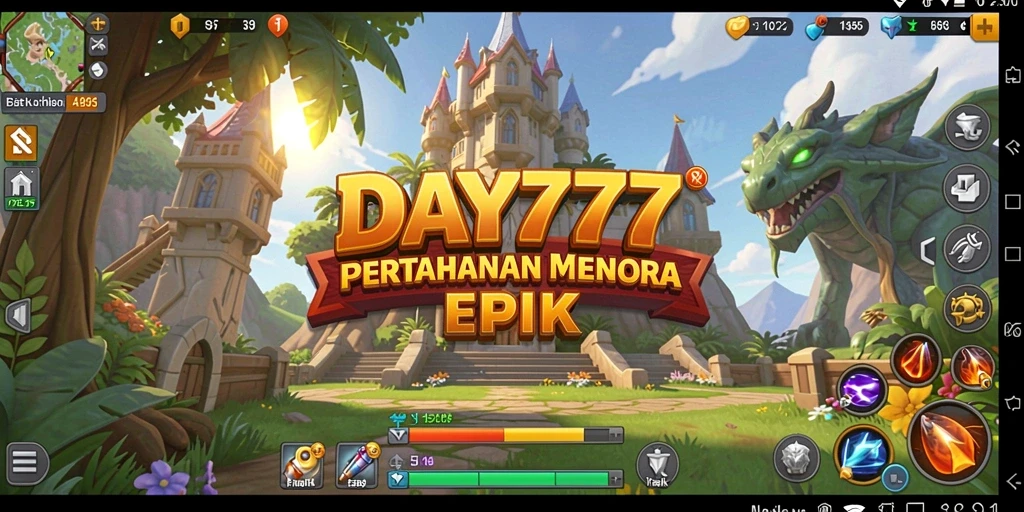 Tangkapan layar utama DAY777 menampilkan aksi menara pertahanan yang seru.