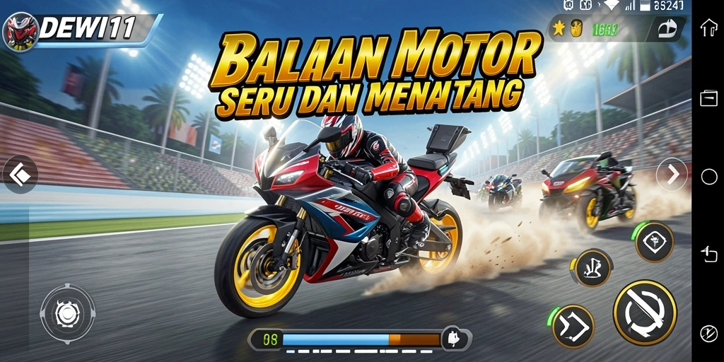 Screenshot gameplay DEWI11 menampilkan balapan motor yang mendebarkan.