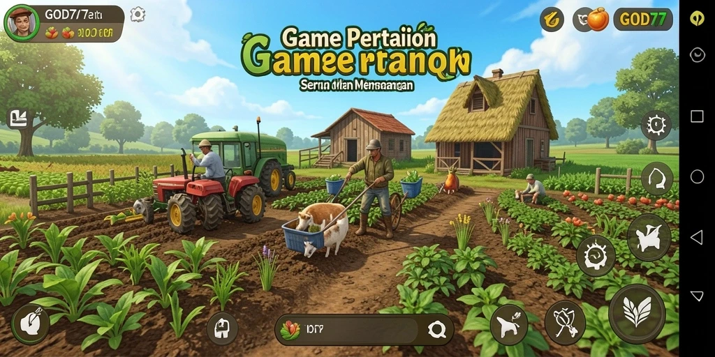 Tangkapan layar menunjukkan petani bekerja di ladang dengan pemandangan yang indah.