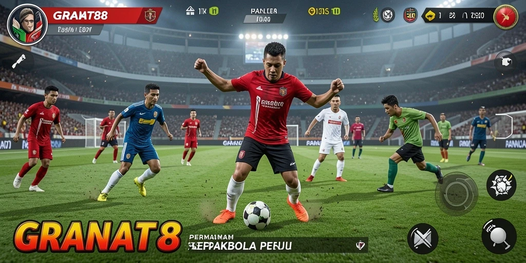Tampilan gameplay yang intens dalam GRANAT88, menggambarkan aksi sepakbola yang mendebarkan.