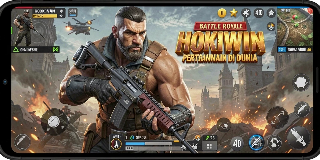 Tangkapan layar HOKIWIN menampilkan pertempuran seru dalam arena Battle Royale.
