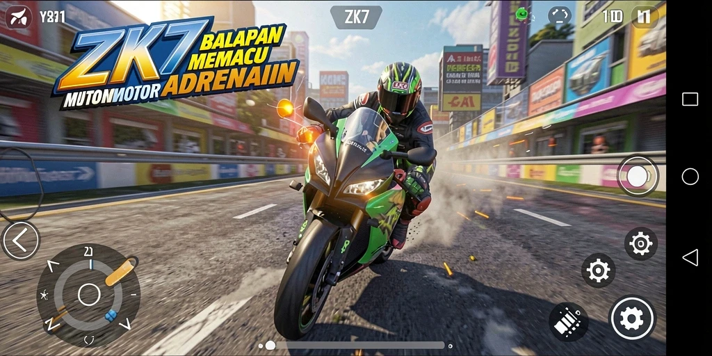 Tampilan menarik dari gameplay ZK7 yang penuh aksi balapan motor.